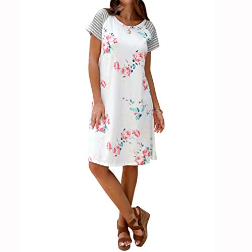Women Striped Short Sleeve Round Neck Floral Printed A-line Midi Dress White