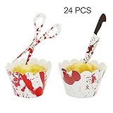 YuBoBo Halloween Cupcake Toppers Wrappers, 24 Pieces Horror Cake Decoration Bloodstain Cake Knife Scissors Food Decor Party Suppliers