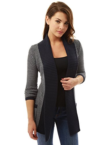 PattyBoutik Women Open Front Marled Sweater Cardigan (Navy Blue and White Medium) - Thumbnail 2