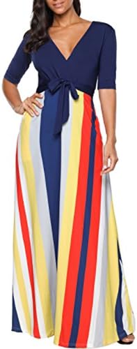 CXINS Women's Half Sleeve Stripes V Neck Patchwork Maxi Evening Dress Vintage Tie Waist Party Cocktail Side Pocket Dress Size S Navy Blue