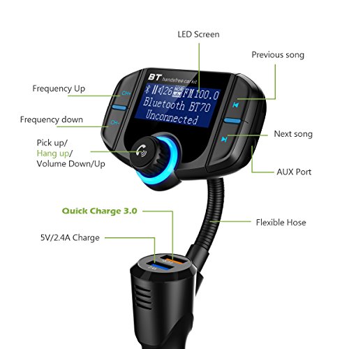 KeeKit Bluetooth FM Transmitter, Wireless In-Car FM Transmitter Radio Adapter Car Kit with 1.7in Display, QC3.0 + 5V/2.4A Dual USB, Hands-Free Calling for iPhone, All Smartphones & Audio Players - Thumbnail 6