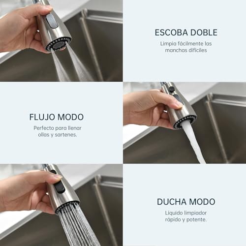 APPASO Mezclador de Fregadero 3 Modos, Grifos para Fregadero de Cocina, Moderno Grifo de Fregadero Monomando, Arco Alto para Cocina, Caravanas, Lavandería y Exteriores, Níquel Cepillado