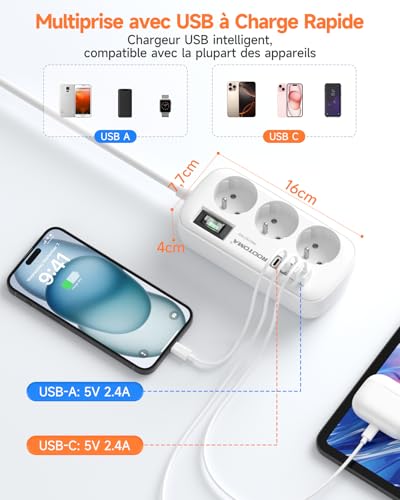 3 M Electric Extension Cord with 4 USB (2 USB-C), 3 Sockets with Switch, Wall Mount Surge Arrester for Home Office, White 16A/4000W
