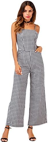 Sedrinuo Womens Elegant Casual Work Jumpsuit Grid Straps Wide Leg Long Pants Black Large