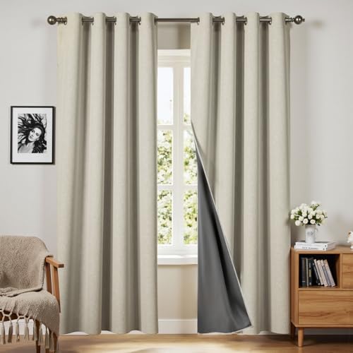 VIOPY 100% Lino Cortinas Blackout,Extra Largas con Aislamiento Térmico,Respaldo Recubierto Poliéster Impermeable,Ojal Superior,para Recámara y Ventana de Sala(Natural,132An x 241Al cm(2 Paneles))