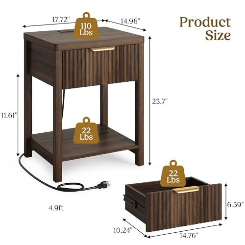 Lulive Night Stand Set 2, Fluted Nightstand with Charging Station, Wood Modern Bedside End Table with Storage Drawer for Bedroom, Save Space (Set of 2, Walnut)
