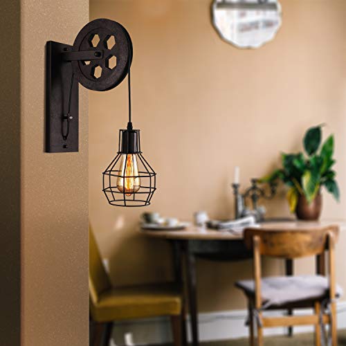BAYCHEER 1 Light Wall Sconce Keyed Socket Pulley LED Industrial Wall Sconces Retro Wall Lights Fixture for Indoor Lighting Barn Restaurant in Rust Finished - Thumbnail 5