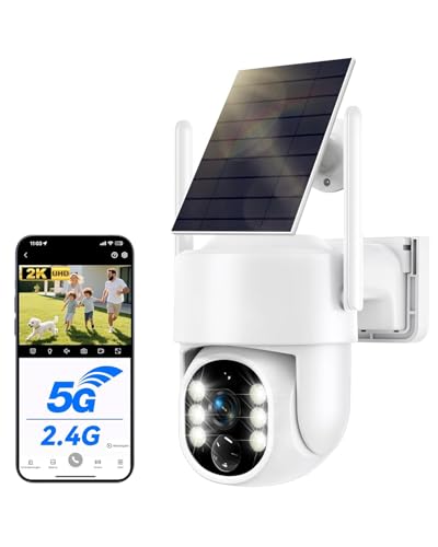 Camera Surveillance WiFi Exterieure sans Fil Solaire 2.5K 4MP avec Panneau Solaire 5W, 2K QHD, Batterie 8000mAh, 2.4G et 5GHz Wi-FI, 360° PTZ Suivi Automatique, IP66, PIR Détection
