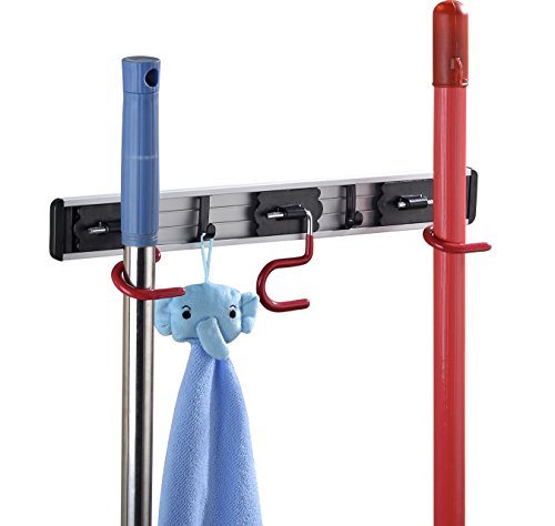 Cavoli Wall Mounted Broom Hanger and Dust Mop Closet Equipment Storage Organizer 16 Inches (3 Positions & 2 Hooks)