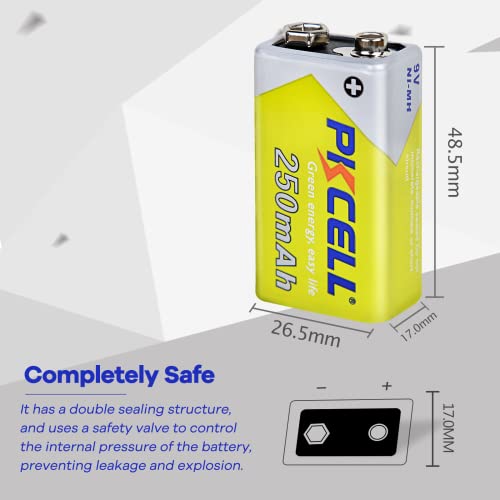 9 Volt Rechargeable Batteries, 9V NIMH Battery 250mAh 1200+ Cycles