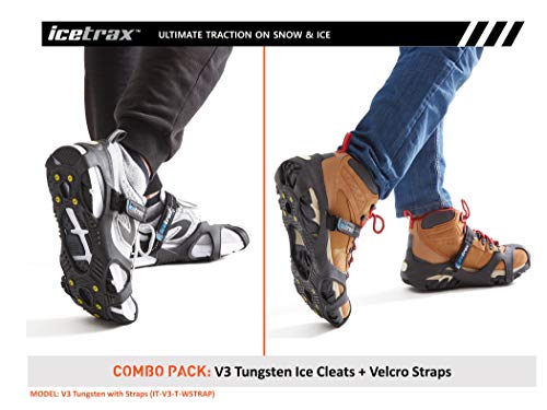 ICETRAX Pro Winter Ice Grips for Shoes and Boots - Ice Cleats for Snow and Ice, StayON Toe, Reflective Heel (V3 Tungsten with Straps, L/XL (Men: 9.5-13 / Women: 11+))