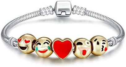 Y&amp;M Emoji Charms Bracelet with Gift Box - 18K Gold Plated with 5 Pieces of Emoji Beads Enamel Smiley Faces