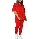 Women's Plus Size 2 Piece Outfits Summer Sweatsuits Drop Shoulder Tracksuits Biker Short Workout Jogger Sets Red-1XL