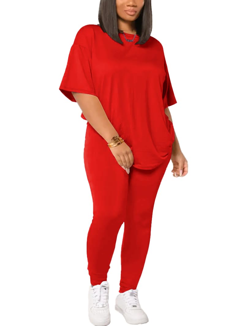 Photo 1 of **** Burgundy**** Women's Plus Size 2 Piece Outfits Summer Sweatsuits Drop Shoulder Tracksuits Biker Short Workout Jogger Sets Red-2XL