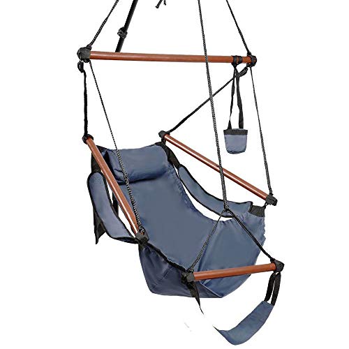 Chilling Station Portable Hanging Rope Blue Hammock | Air Chair, Swing Seat | Large Deluxe Lounger with Arm & Foot Rest, Cup Holder for Patio, Porch, Garden, Backyard, Camping