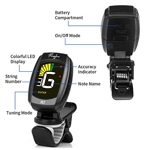 image for Rinastore Clip-On Tuner For Guitar, Bass, Violin, Ukulele & Chromatic 