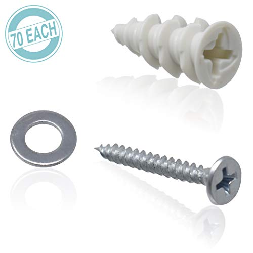Drywall Anchor Set, 70 Each Fiber Reinforced Self-Tapping Anchors/Flathead Screws/Washers Plus 5 Bonus Reusable Drill Dust Collectors, 215 PCS Total
