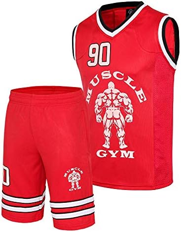 MUSCLE GYM Mens NBA Style Basketball Tank Top and Shorts Set Gym Wear Fitness Tracksuit Red