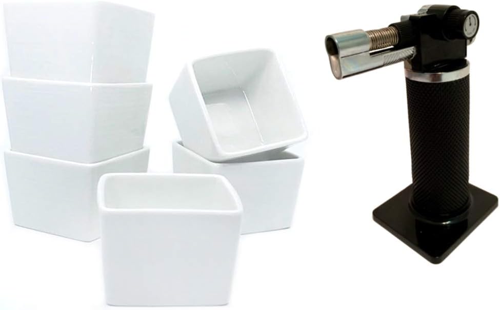 M. Gastro Kitchens - 7 Piece Set of Ramekins, 6 Ounce Square - Creme Brulee, Souffle, Custards (7 oz Square, White w/Torch)