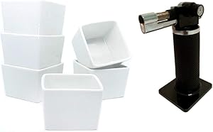 M. Gastro Kitchens - 7 Piece Set of Ramekins, 6 Ounce Square - Creme Brulee, Souffle, Custards (7 oz Square, White w/Torch)