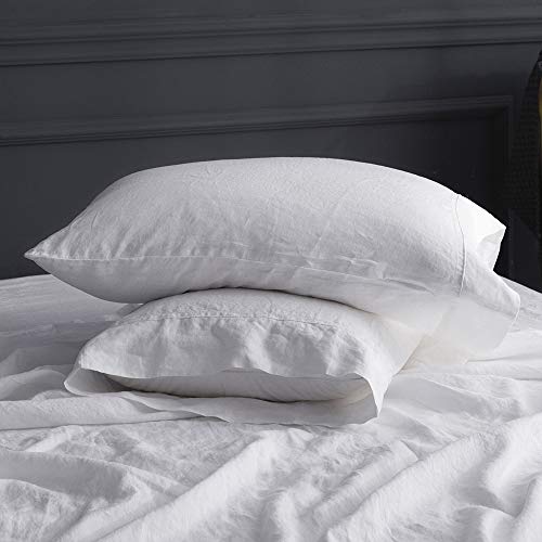 King Linens 100% Belgian Linen Pillowcases Stone Washed Solid Color Embroidery(King,White)