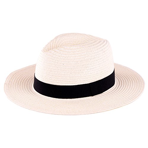 BYOS Summer Classic Straw Panama Fedora Sun Hat In Solid Color W/ Black Grosgrain Band Trim (White)