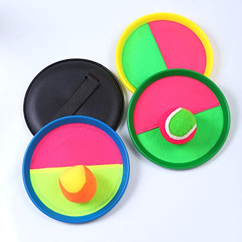 Elcoho Toss and Catch Ball Set Paddle Catch Ball and Toss Game 4 Hook and Loop Adjustable Self-Stick Paddles 6 Balls with Storage Bag for Outdoor Activities (4 Colors)