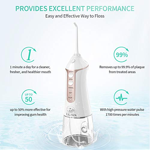 Liberex Cordless Water Flosser - Portable Oral Irrigator with 5 Jet Nozzles, IPX7 Waterproof 300ml Reservoir, 3 Modes Dental Care Teeth Jet for Teeth Braces,USB Rechargeable
