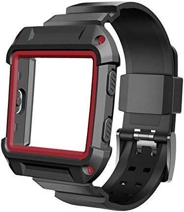 Bands with Case Compatible for Fitbit Blaze, Silicone Sports Replacement Strap Band and Rugged Pro Resistant Protective Cover Accessory Compatible with Fitbit Blaze Smart Fitness Watch (Black/Red)