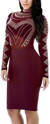 Maelove Womens Sexy High Neck Long Sleeve Bandage Bodycon See Through Clubwear Party Dress (X-Large, Wine Red)