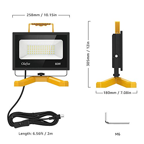 Olafus 60W LED Work Lights, 400W Equivalent, 6000LM Construction Light with Stand, IP66 Waterproof Outdoor Job Site Worklight, LED Working Lighting for Workshop, Garage, Jetty, 5000K Daylight White - Thumbnail 5