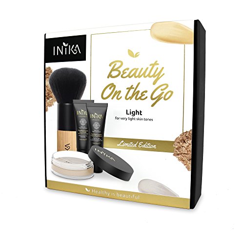 Inika Beauty On The Go Kit, Holiday Gift Sets, Pure Primer (4ml), Certified Organic Liquid Foundation (4ml), Loose Mineral Powder Foundation (3g), Bamboo Kabuki Brush, Vegan (Light)