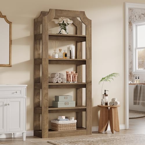 LITTLE TREE 70" Tall 5-Tier Wooden Bookshelf, Farmhouse Bookcase with 31.5in Wi…