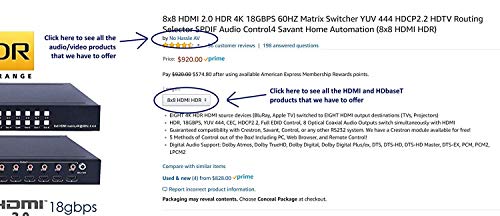 8x16 HDbaseT 4K Matrix SWITCHER 8x8 16x16 with 8 Receivers (CAT5e or CAT6) HDMI HDCP2.2 HDTV Routing SPDIF Audio CONTROL4 Savant Home Automation (8x16 HDbaseT Matrix - 230ft)