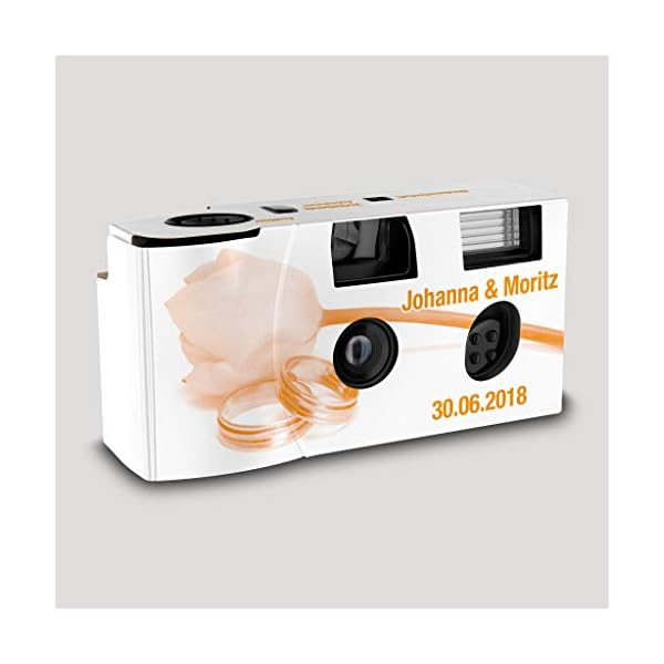 Hochzeitskamera Einwegkamera Tulpe & Ringe orange mit Personalisierung, ISO 400, 27 Aufnahmen, Blitz