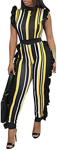 HOTINS Womens Sleeveless Jumpsuits Elegant Striped High Neck Ruffle High Waist Mesh Long Pants Party Jumpsuits Romper Yellow L