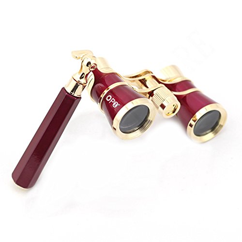Opera Glasses Compact Binoculars for Theater Horse Racing Classical Lady Gift 3X25 Red with Gold Removeable Handle