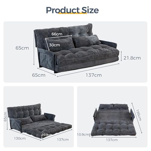 MAXYOYO Adjustable Floor Sofa Bed with 2 Cushions, Multifunctional Ottoman Bed, Folding 5 Position Sofa Bed with Armrests, Versatile Floor Seat for Reading