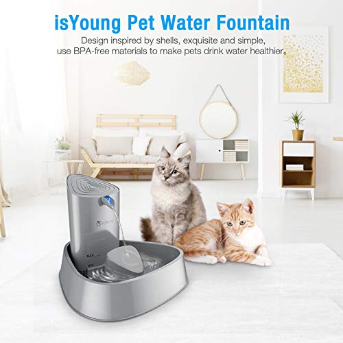 isYoung Cat Fountain, LED Pet Water Fountain Ultra Quiet Automatic Pet Water Dispenser with Adjustable Water Flow and Activated Carbon Filter for Dogs, Cats, Birds and Small Animals (1.5L, Grey)