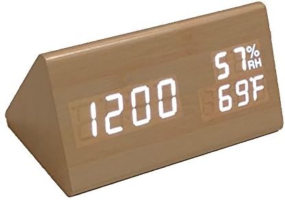Triangle Modern Wood Digital LED Alarm clock for office, desk or bedroom with Voice Control, Adjustable Brightness to show Time Date Day and Temperature &amp; Humidity (Bamboo_LED_White_humidity)