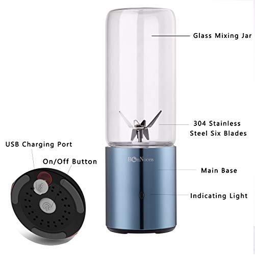 BonNoces Portable Personal Blender, USB Rechargeable Glass Juicer Cup, Six Blades in 3D, 400ml with Travel Lid Small Fruit Blender for Shakes and Smoothies