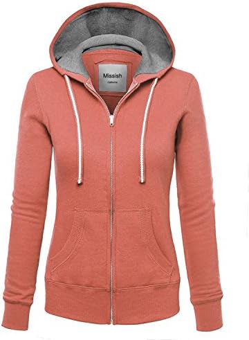 MISSISH Women's Active Long Sleeve Jersey Full Zip Up Hoodie Jacket (Plus size available) LARGE DUSTY PINK