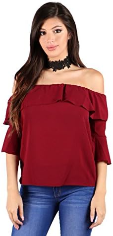 ShopWTD Women's Solid Off Shoulder With Choker Necklace Ruffled 3/4 Sleeve Blouse Tops