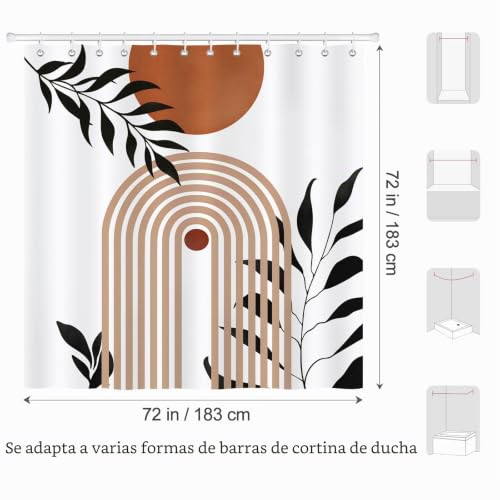 COZZSNUGE Modern Boho Shower Curtain, Abstract Orange Middle Ages Sun Arch Leaves 72 x 72 Inch Polyester Waterproof Mildew Resistant with 12 Hooks