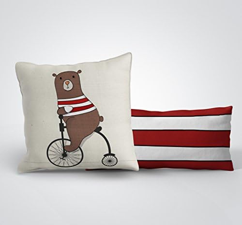 Nursery Decoration, Bear on Bicycle, Soft Pillow, Gender Netural Nursery, Colorful Throw Pillow Cover, hand drawn, one of a kind