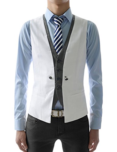(VE34) TheLees Mens premium Business Casual Layered style Slim wedding Vest WHITE US M(Tag size XL)