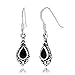 925 Sterling Silver Bali Inspired Black Onyx Gemstone Black Filigree Dangle Hook Earrings