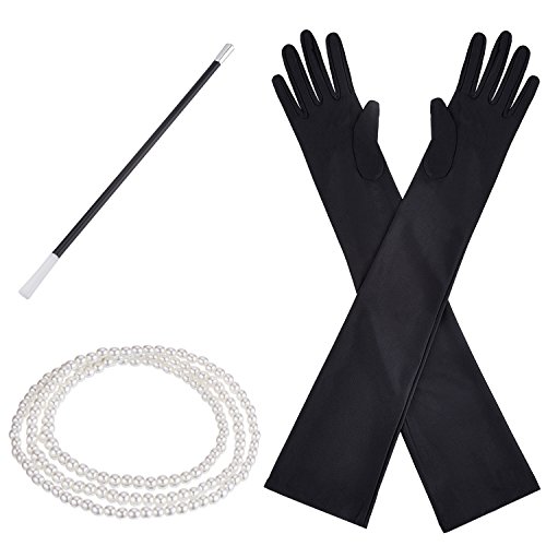 Pangda 1920s Accessories Costume Fancy Dress Plastic Holder Pearl Beads Long Black Gloves Set