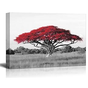 Canvas Wall Art - Pop of Red Color Acacia Treetop on Black and White African Savanna Background - Giclee Print Gallery Wrap Modern Home Art Ready to Hang - 12x18 inches