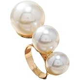 Dtja Round CZ Shell Pearl Statement Ring for Women Gold-Plated Fashion Adjustable Engagement Promise Crystal Big White Balls Open Wrap Finger Rings Comfort Fit Wedding Holiday Jewelry (Shells)
